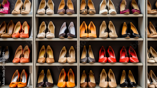 Background with shoes on shelves of shop © alexkich