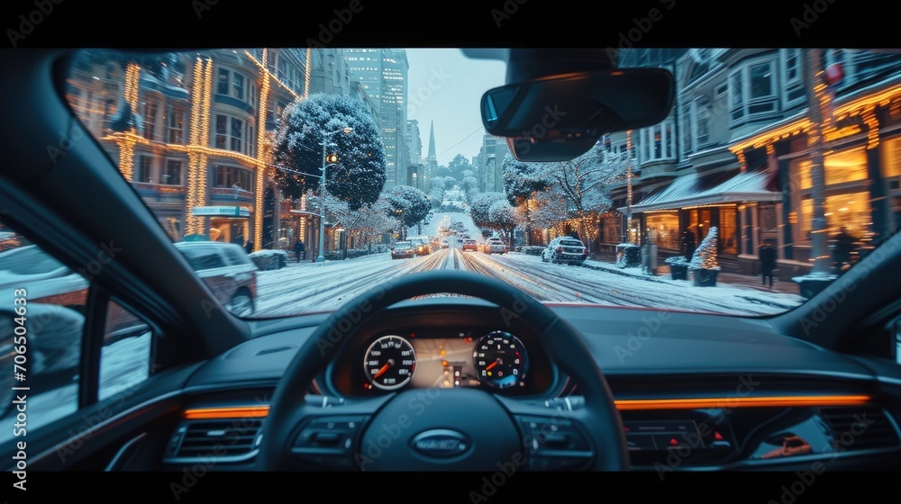 Autonomous vehicles. As seen from the back seat of an driverless car. The car’s interior is state-of-the-art, highlighting the innovation of driverless technology.