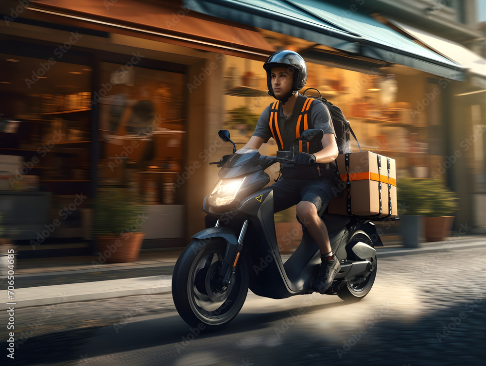 Motorbike Food Delivery Guy in Work in a City AI Artwork Motorbike Food Delivery Guy in Work in a City AI Artwork