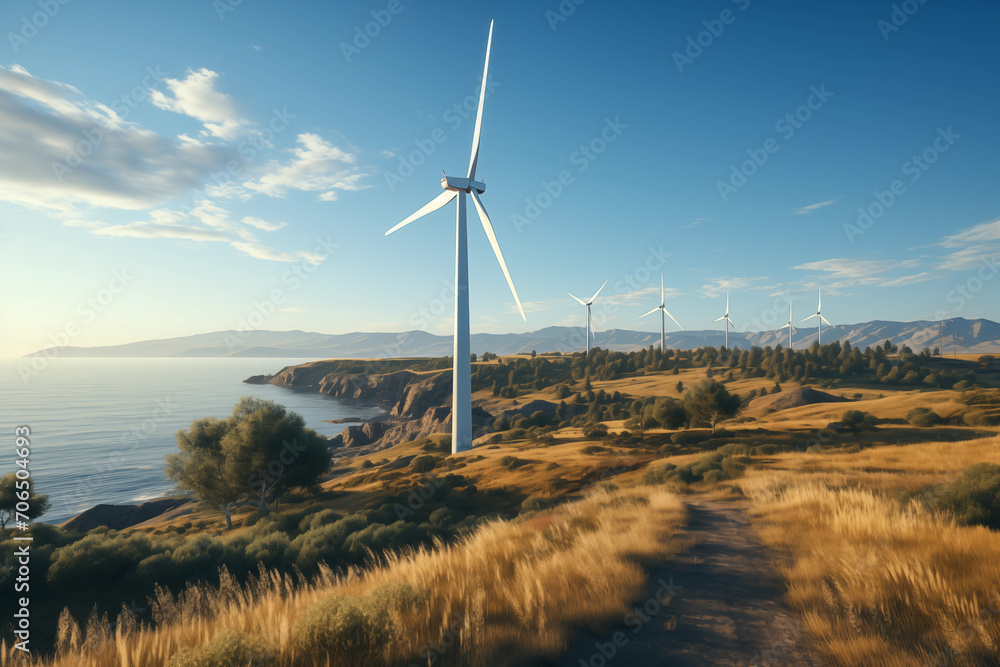 Wind turbines harnessing renewable energy in a vast field under a blue sky, blending technology with nature to generate electricity sustainably. Generative AI