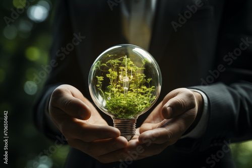 A light bulb with a plant inside lies on a businessman's hand. Generative AI