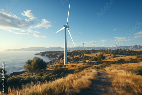 Wind turbines harnessing renewable energy in a vast field under a blue sky  blending technology with nature to generate electricity sustainably. Generative AI