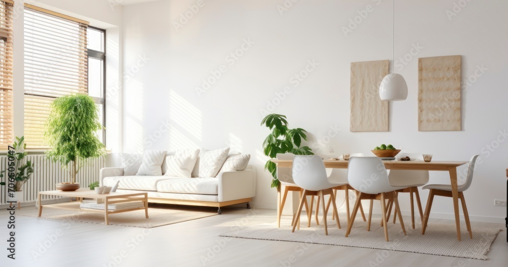Fototapeta premium A Stylish White Studio Apartment Featuring a Combined Dining and Living Area