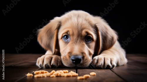 Dog food or brown granules in white bowl. pet waiting for feeding. Wide banner or panorama photo for space for text.
