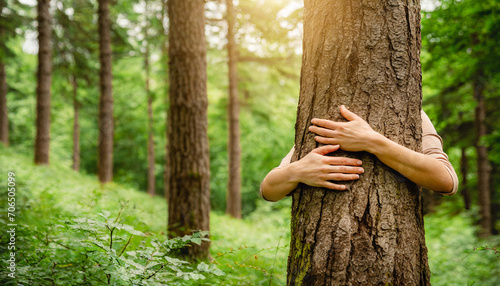 A woman stand behind the the tree trunk and give a hug in green forest environment, generative AI photo