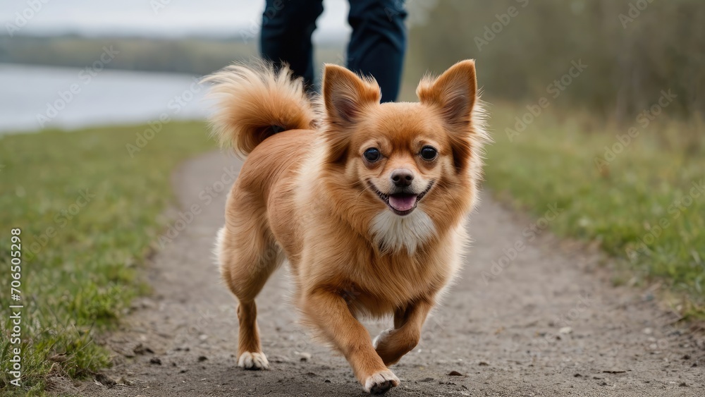 Red chihuahua dog running with its owner in the park Red chihuahua dog running with its owner in the park