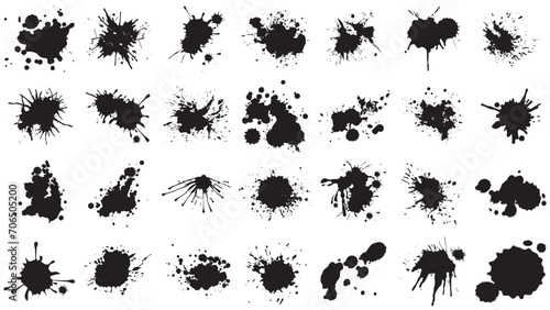 Ink drops and splashes. Blotter spots, liquid paint drip drop splash and ink splatter.Blobs and spatters. Artistic dirty grunge abstract spot vector set. Isolated vector illustration.  photo