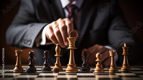 Man's hand holds a chess piece king. A dark colored chess piece. The figure flies. Chess game making a move by a player is an intellectual game.