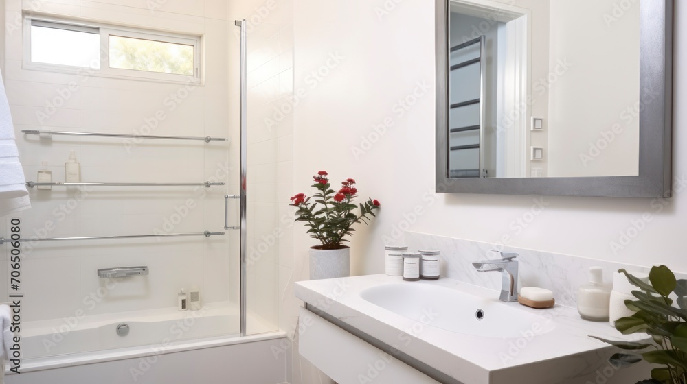 Fototapeta premium A New, White, and Stylish Bathroom in a Contemporary Home