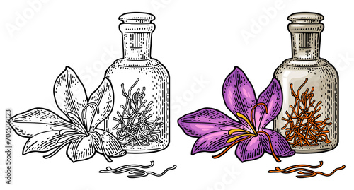 Bottle with dry threads. Saffron flower with stamens. Engraving