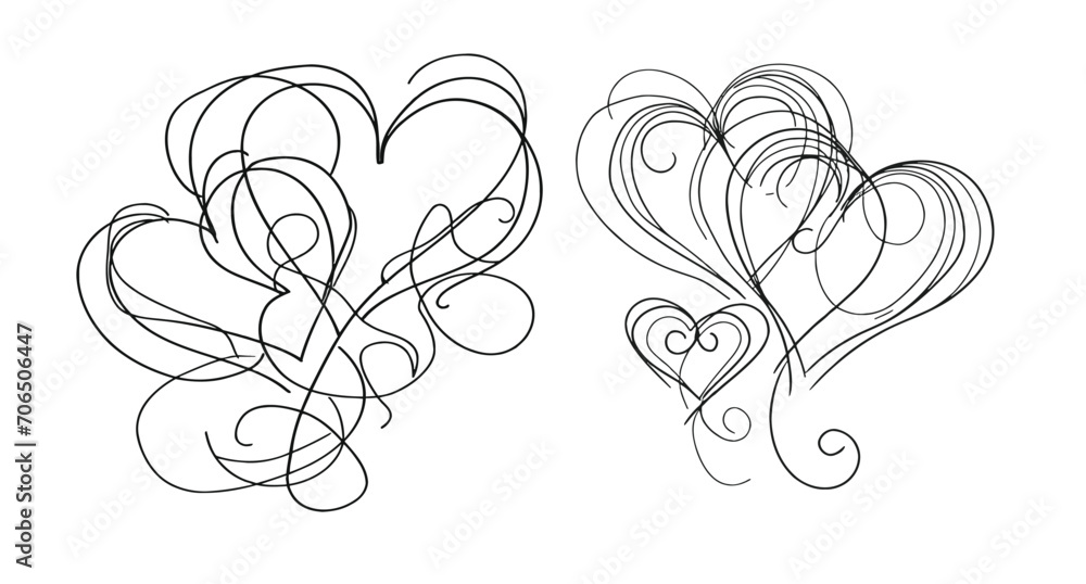 One Continuous line drawing of two hearts with love signs.