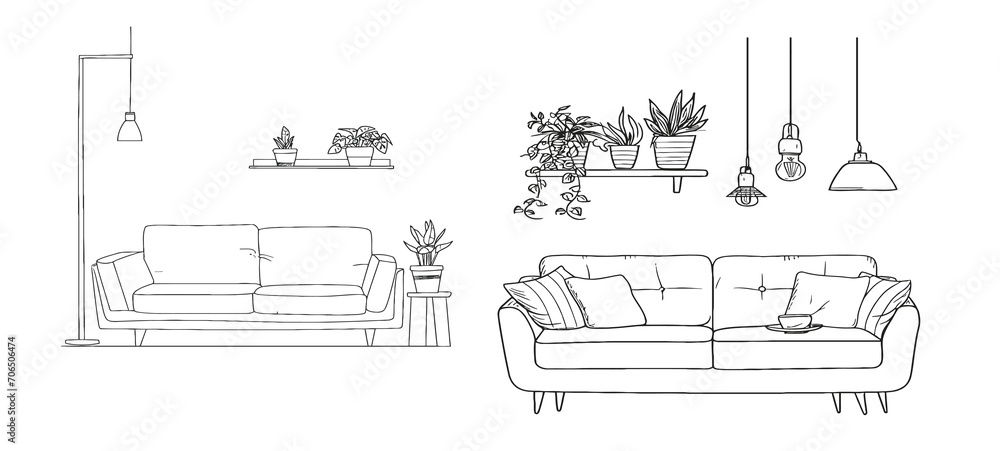 Continuous one line drawing of sofa and wall shelf with potted plants and floor lamp