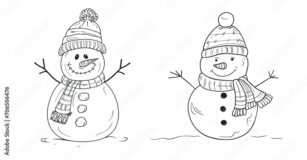Continuous one line drawing of tree and Snowman in hat with scarf. Continuous one line drawing of tree and Snowman in hat with scarf.