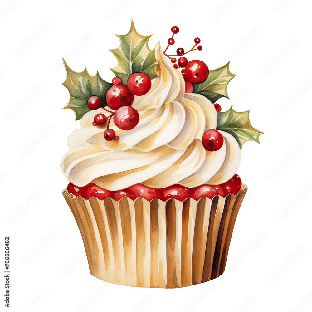 Watercolor Cupcake with Holly flower Ai Generative Watercolor Cupcake with Holly flower Ai Generative