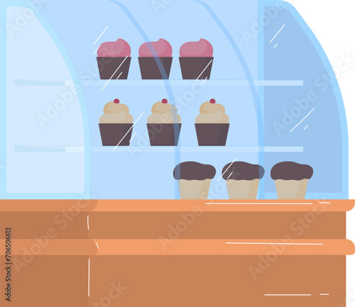 Display case with cupcakes, three chocolate topped and three with pink icing. Dessert showcase in bakery concept. Sweet tooth temptation vector illustration.