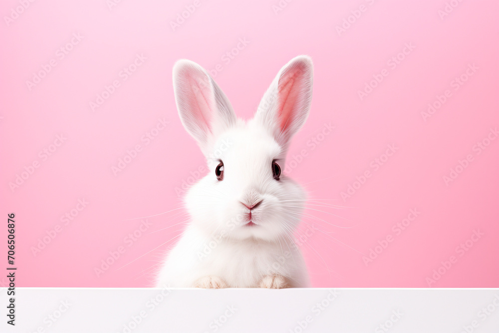 White rabbit close-up on a pink background