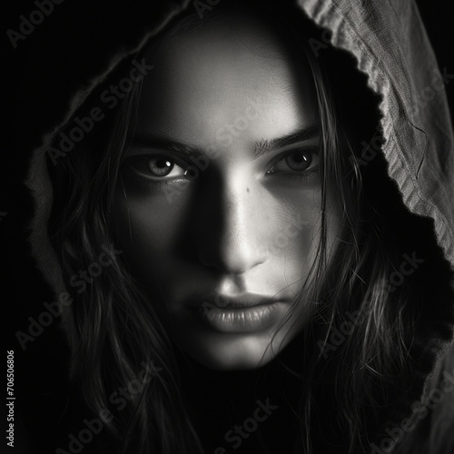 Fotografia en blanco y negro de primer plano de rostro femenino de mirada intensa con juego de luces y sombras