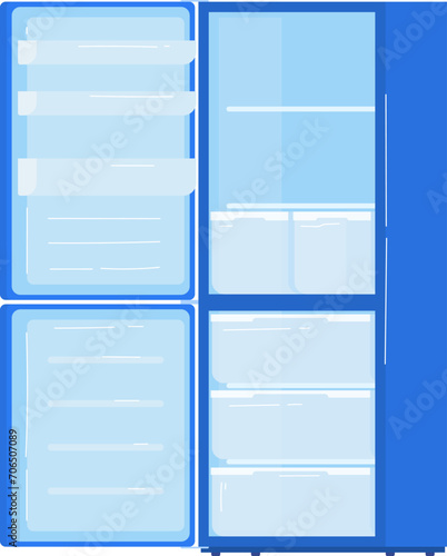 Blue empty fridge with freezer, open refrigerator with shelves. Kitchen appliance and modern home interior vector illustration.