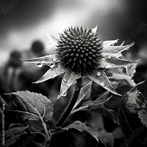 fotografia en blanco y negro de flor espinosa con otra vegetacion photo