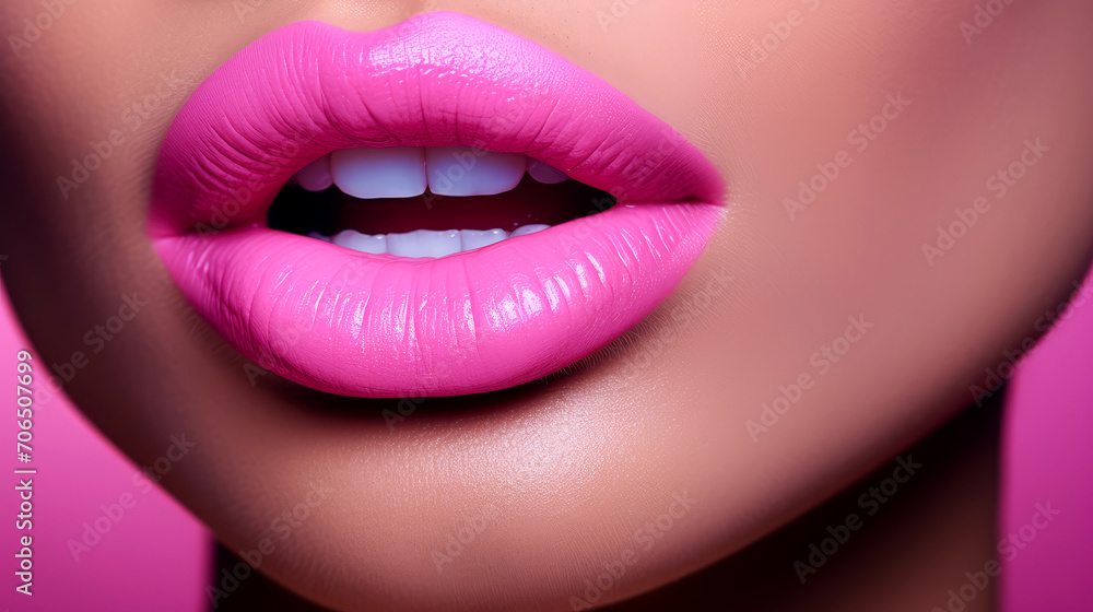 Obraz premium Glamorous Lips with Pink Lipstick - Beauty and Fashion Editorial