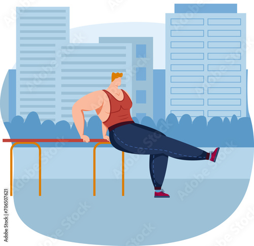 Muscular man performing outdoor workout in city. Sporty male exercising with parallel bars, urban fitness. Strength training routine vector illustration.