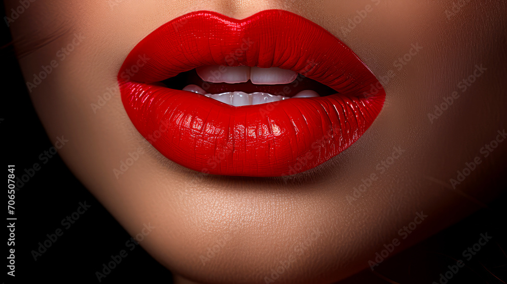 Fototapeta premium Red Lips Elegance: Close-Up Beauty and Glamour in Vibrant Passion