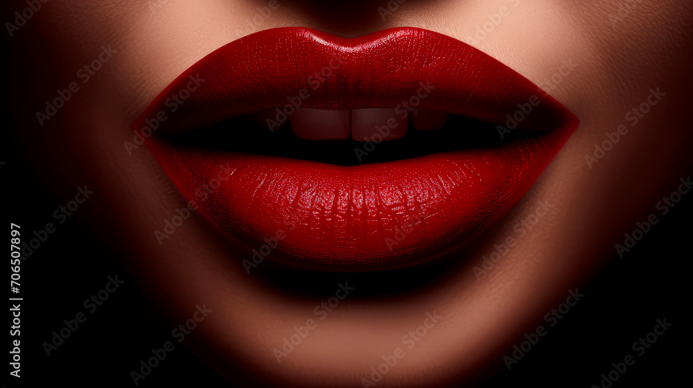 Fototapeta premium Red Lips Elegance: Close-Up Beauty and Glamour in Vibrant Passion