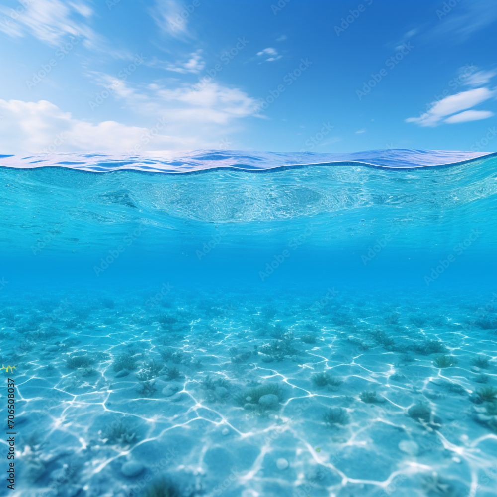 Fondo con detalle de vista inferior de aguas tropicales y cielo con tonos azules Fondo con detalle de vista inferior de aguas tropicales y cielo con tonos azules