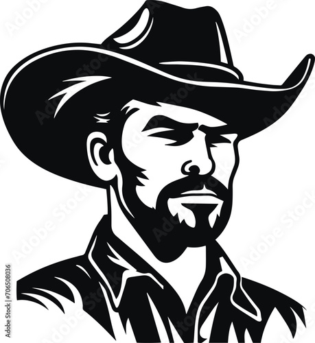 Cowboy man in a hat, Black Cowboy silhouette, Farmer head in a hat, Vector illustration