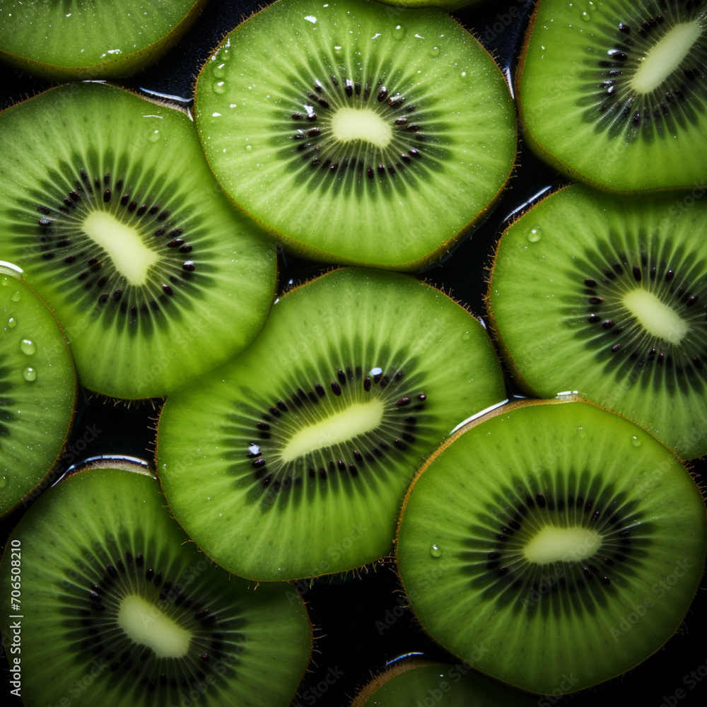Fondo con detalle y textura de varias rodajas de kiwi con gotas de frescor y reflejos Fondo con detalle y textura de varias rodajas de kiwi con gotas de frescor y reflejos