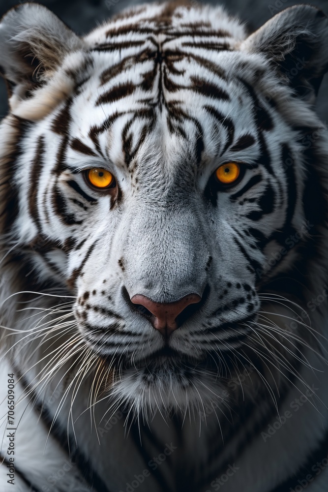 Close-Up Portrait of a Majestic White Tiger: Endangered Beauty with Piercing Blue Eyes. Stunning White Tiger Close-Up Showcasing Stripes and Blue Eyes Close-Up Portrait of a Majestic White Tiger: Endangered Beauty with Piercing Blue Eyes. Stunning White Tiger Close-Up Showcasing Stripes and Blue Eyes