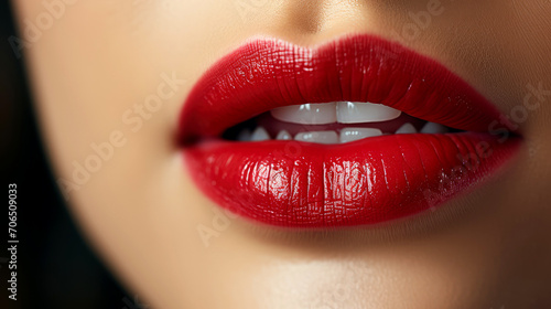 Closeup of Stunning Red Lips with Luxurious Lip Gloss