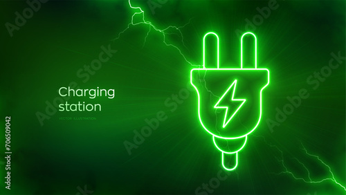 Charging station icon with electrical energy glow effect. Electric plug symbol. Charging point station concept. Electric supply station. Electrical discharge effects. Vector illustration.