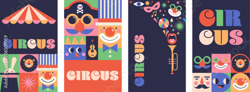 Circus, Carnival, Street Festival, Purim Carnival concept illustrations, Circus background. Geometric retro style design. Vector illustrations, posters, banner