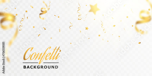 Confetti background.Birthday,anniversary,celebration banner.Falling shiny golden confetti.Background for anniversary party.Elements for preparing holiday.