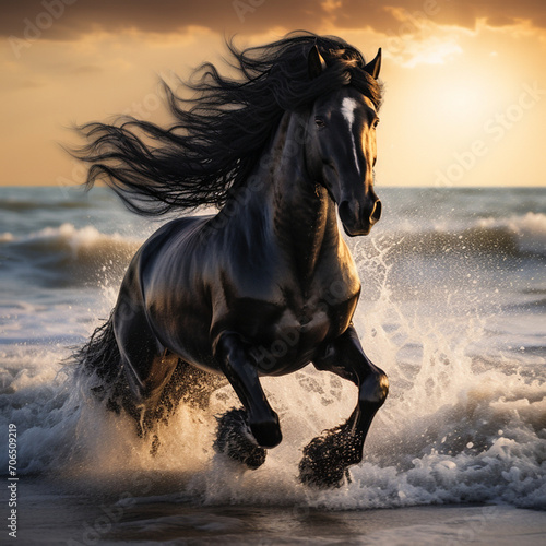 a beautiful friesian horse runs in the sea waves and develops its mane in the morning at dawn