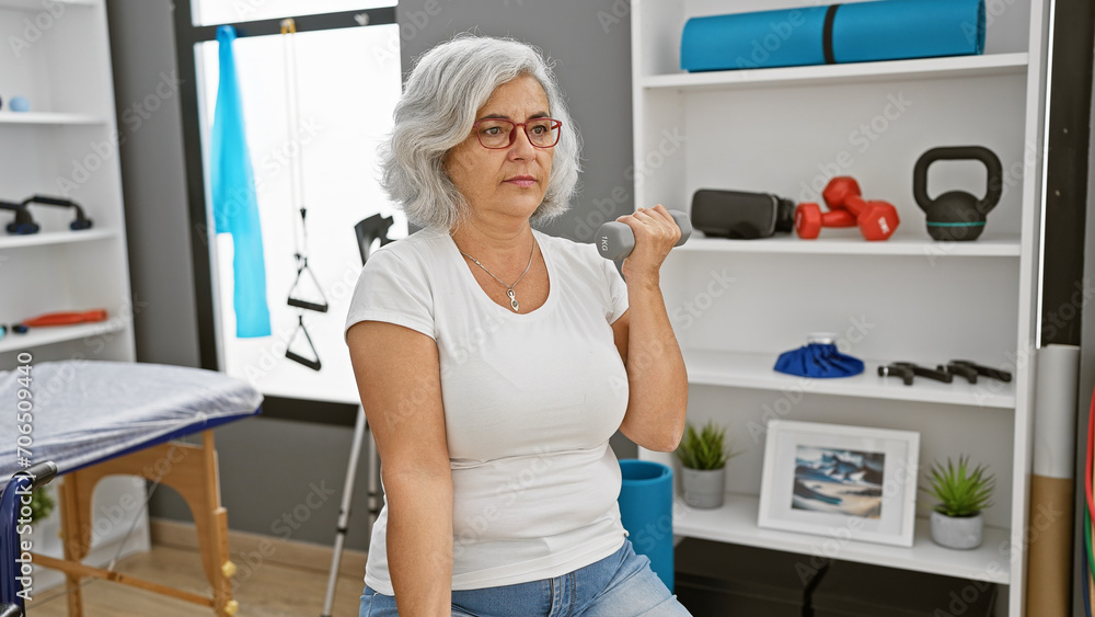 Mature woman exercising with dumbbell in a physiotherapy clinic.