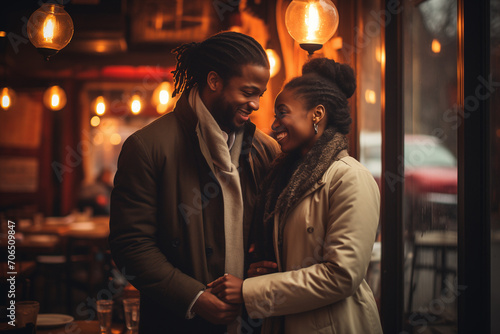 Young black couple smiling and hugging at a restaurant