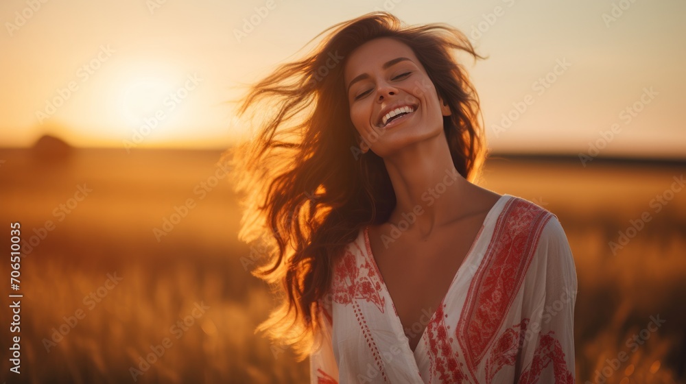 Beautiful carefree woman in fields being happy outdoors. Neural network AI generated art Beautiful carefree woman in fields being happy outdoors. Neural network AI generated art