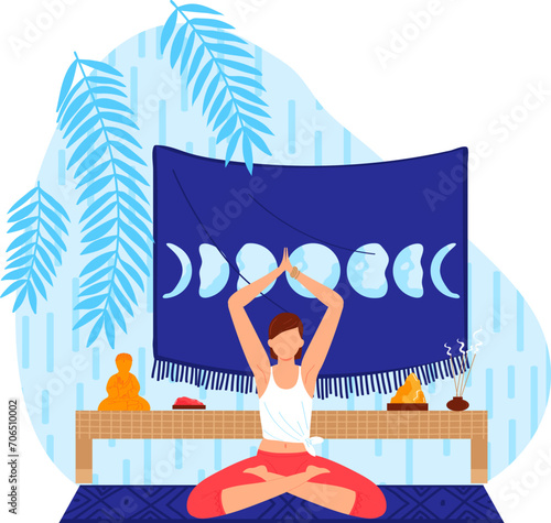 Woman meditating in serene room with moon phase banner. Peaceful yoga practice and mindfulness at home vector illustration. Wellness and relaxation concept, serene indoor ambiance.