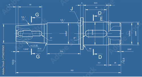 Vector engineering cad drawing of a mechanical part (steel shaft)
with through holes, dimensions.
Computer aided design of machine parts. Technical background.
