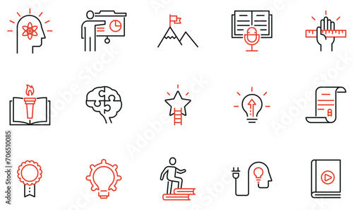 Vector Set of linear icons to business people training, tutorship, educational process and career progress. Mono line pictograms and infographics design elements