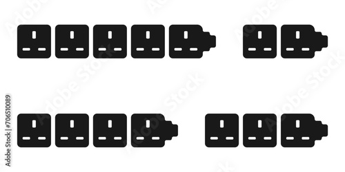 Extension cords vector icon set. Extension cord with plug. Many connectors for electrical appliances. Icons of braided cables of electrical extension cords. White extension cord background.