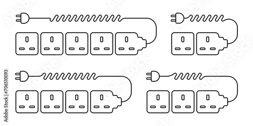 Extension cords vector icon set. Line Extension cord with plug. Many connectors for electrical appliances. Icons of braided cables of electrical extension cords. White extension cord background. 