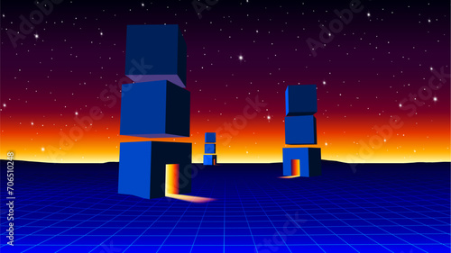 Futuristic landscape with portal cubes architectural abstraction. 80s styled synthwave surreal arcade game scene
