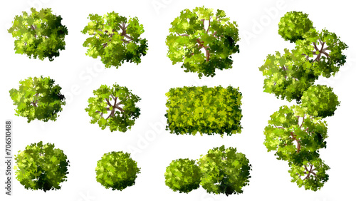 Vertor set of green tree,plants top view for landscape plan,schematic layout,eco environment concept design,watercolor greenery illustration #706510488