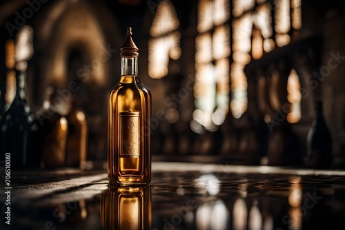 amber bottle of liquor spirits in a dark wooden blurry interior
