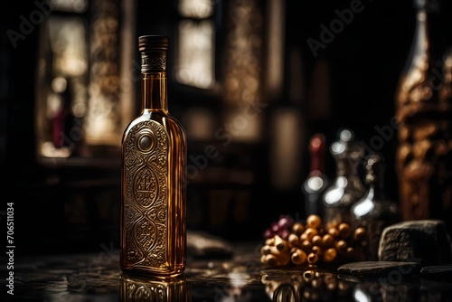 amber bottle of bourbon in a classy wooden blurry interior