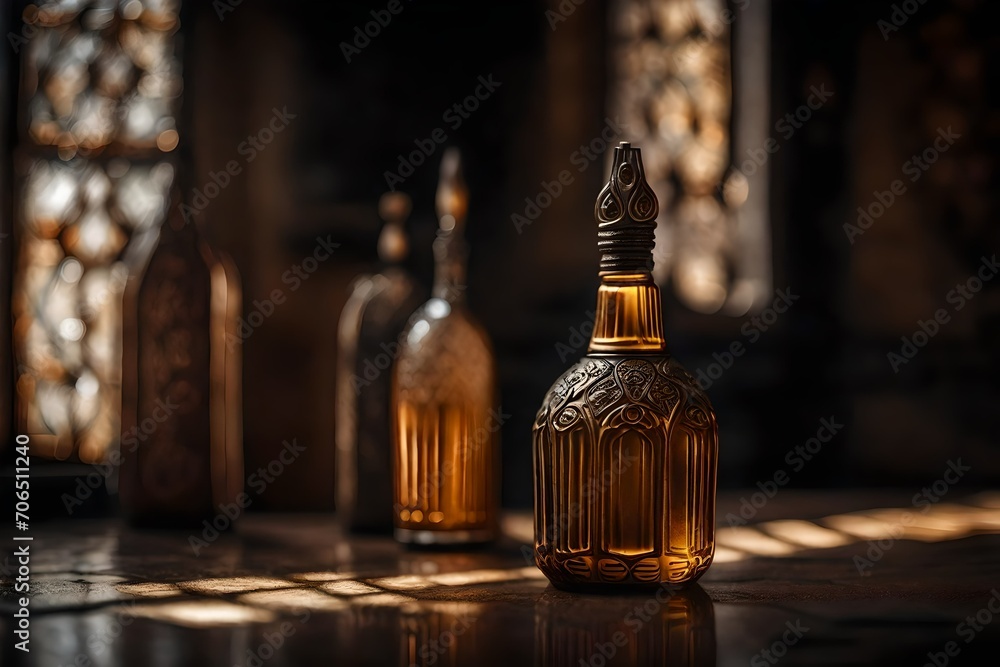 amber bottle of cognac in a classy wooden blurry interior amber bottle of cognac in a classy wooden blurry interior