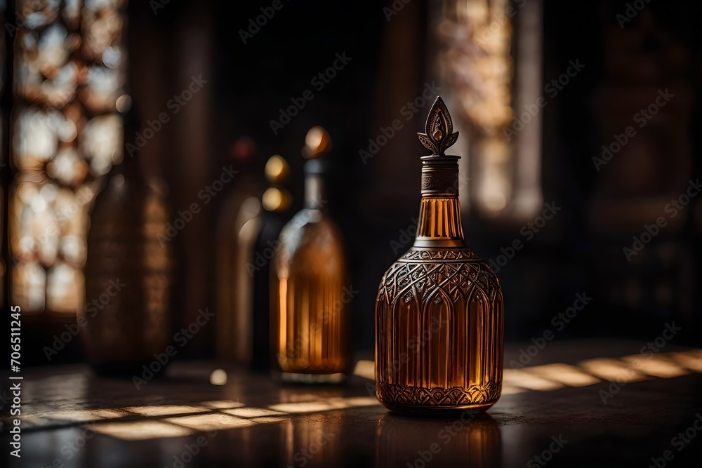 amber bottle of cognac in a classy wooden blurry interior amber bottle of cognac in a classy wooden blurry interior